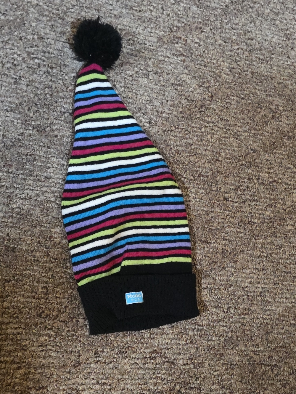 Mudd Striped Pom-Pom Beanie Hat - Black with Multicolor Stripes